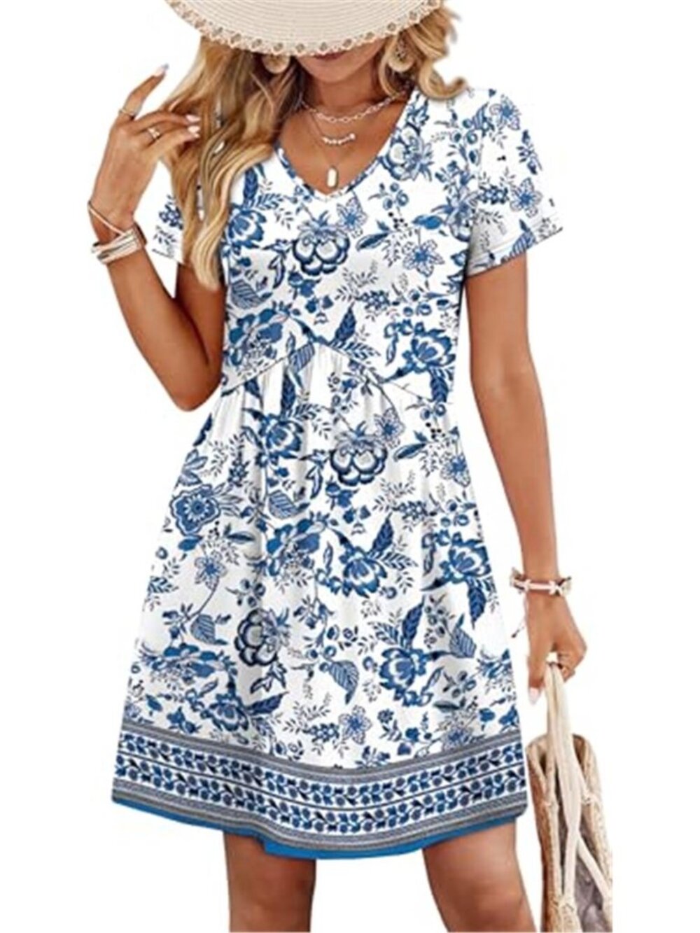 Women's V-Neck Babydoll Dress Casual Summer Mini Dress Short Sleeve Sundress